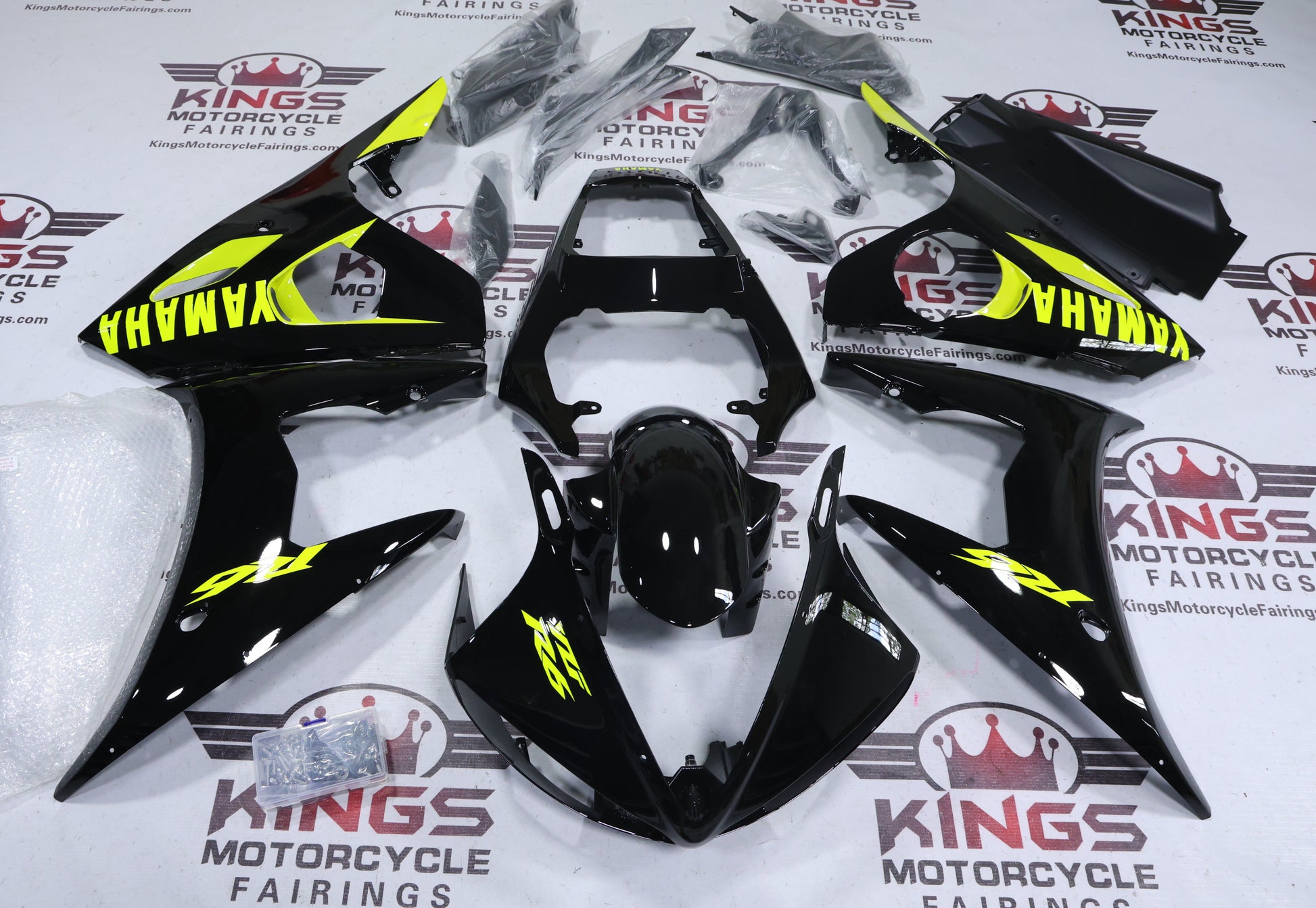 Yamaha R6 Fairings (2005) Black, Neon Yellow from KingsMotorcycleFairings.com