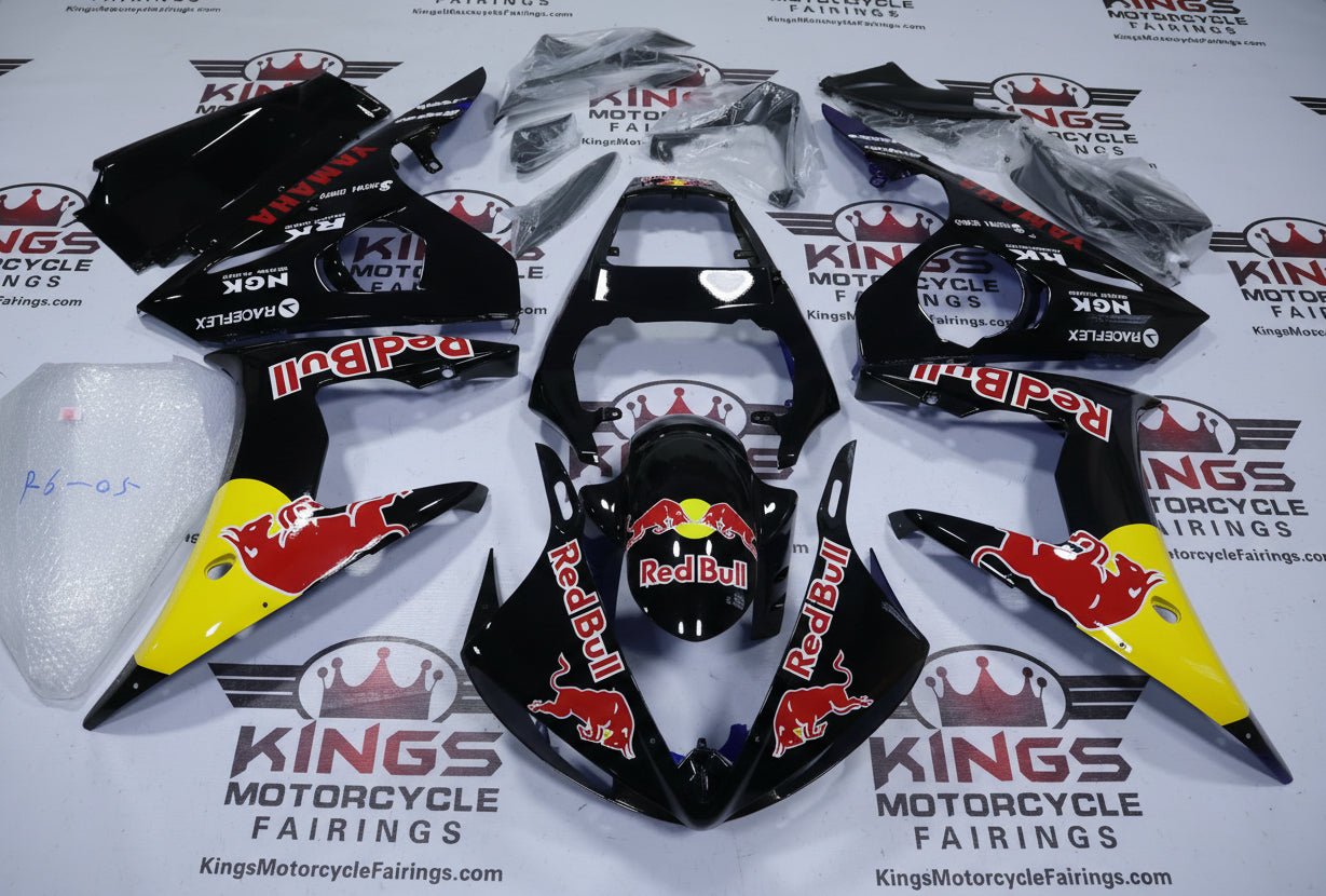 Yamaha R6 Fairings (2005) Black, Yellow, Red Bull at KingsMotorcycleFairings.com