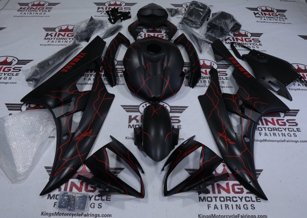 Yamaha R6 Fairings (2006-2007) Flat Black, Red Lightning from KingsMotorcycleFairings.com