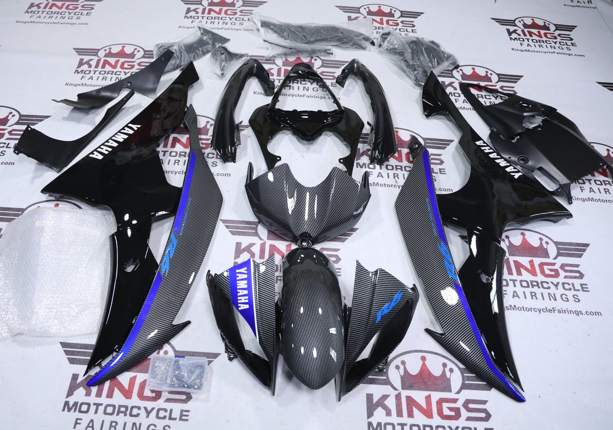 Yamaha R6 Fairings (2008-2016) Faux Carbon Fiber, Black, Blue Stripe from KingsMotorcycleFairings.com