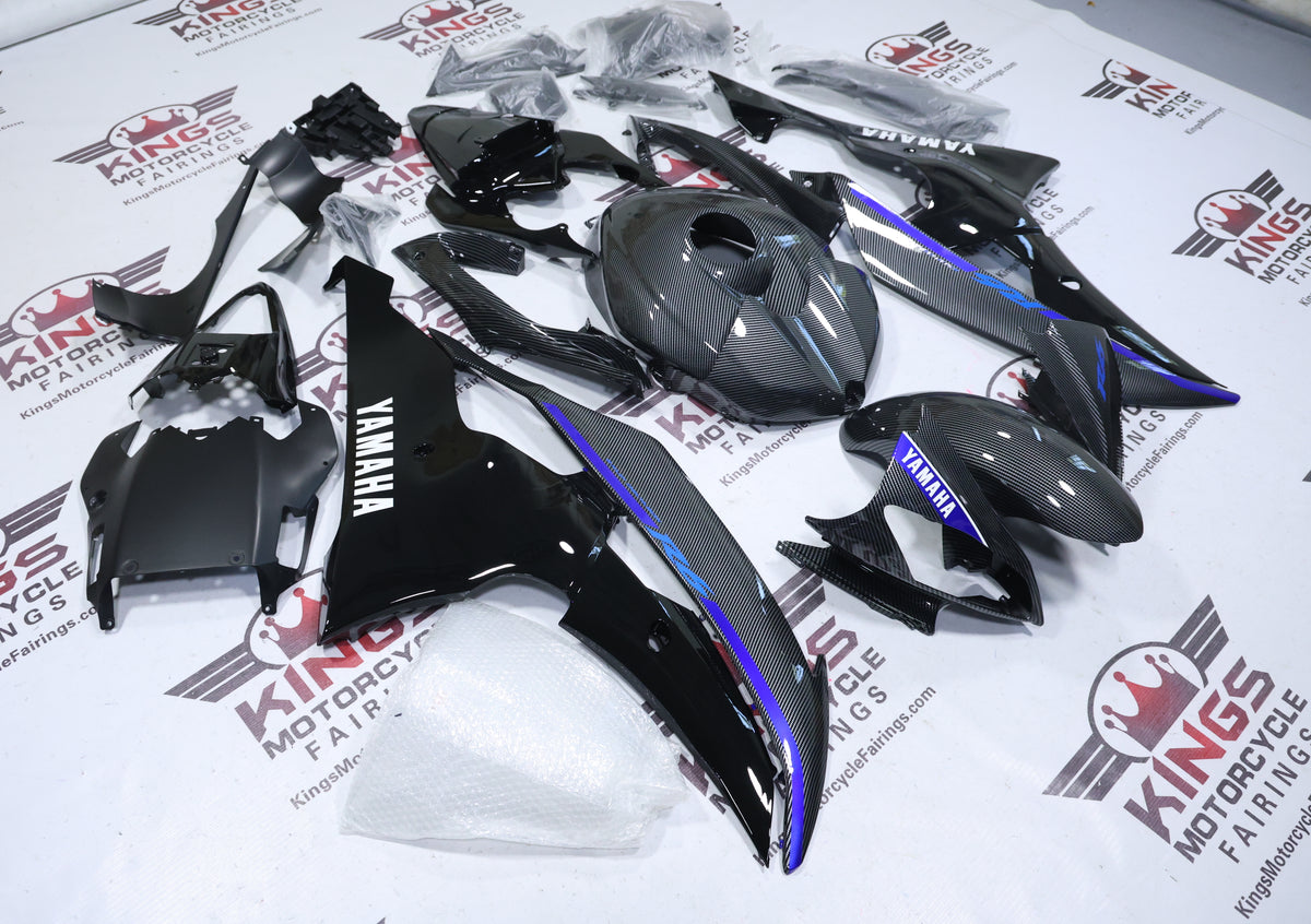 Yamaha R6 Fairings (2008-2016) Faux Carbon Fiber, Black, White, Blue from KingsMotorcycleFairings.com