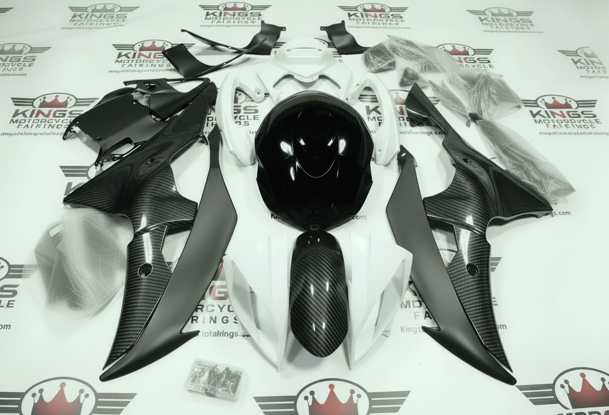 Yamaha R6 Fairings (2008-2016) Faux Carbon Fiber, White, Black at KingsMotorcycleFairings.com