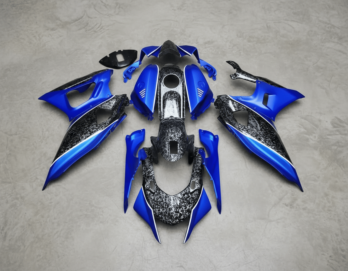 Yamaha R7 Fairings (2021-2025) Forged Carbon Fiber Style, Blue, White from KingsMotorcycleFairings.com