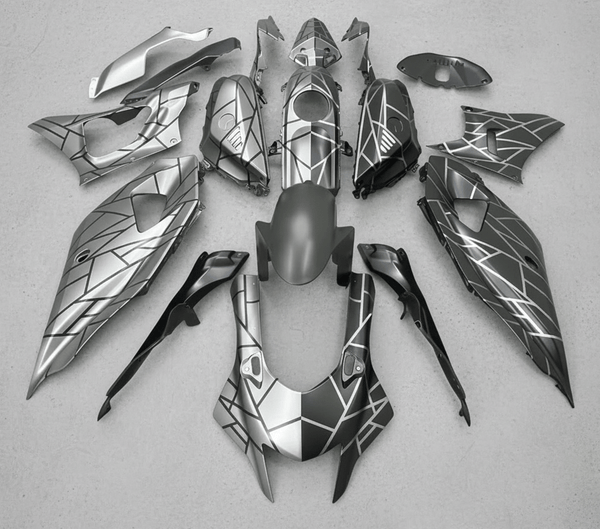 Yamaha R7 Fairings (2021-2025) Matte Silver, Matte Black, Split Stripes from KingsMotorcycleFairings.com