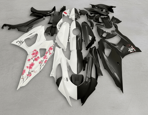 Yamaha R7 Fairings (2021-2025) Matte White, Matte Black Split, Flowers from KingsMotorcycleFairings.com