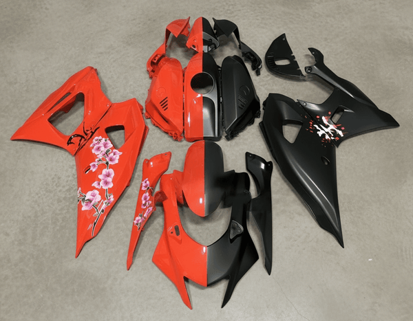Yamaha R7 Fairings (2021-2025) Red, Matte Black, Split Flowers from KingsMotorcycleFairings.com