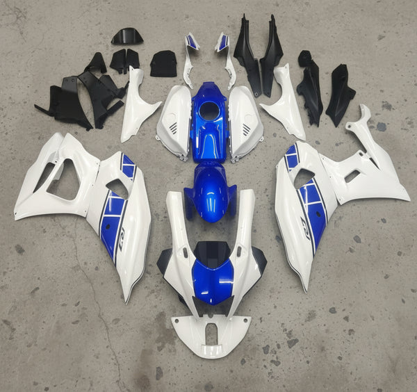 Yamaha R7 Fairings (2021-2025) White, Blue Stripe at KingsMotorcycleFairings.com