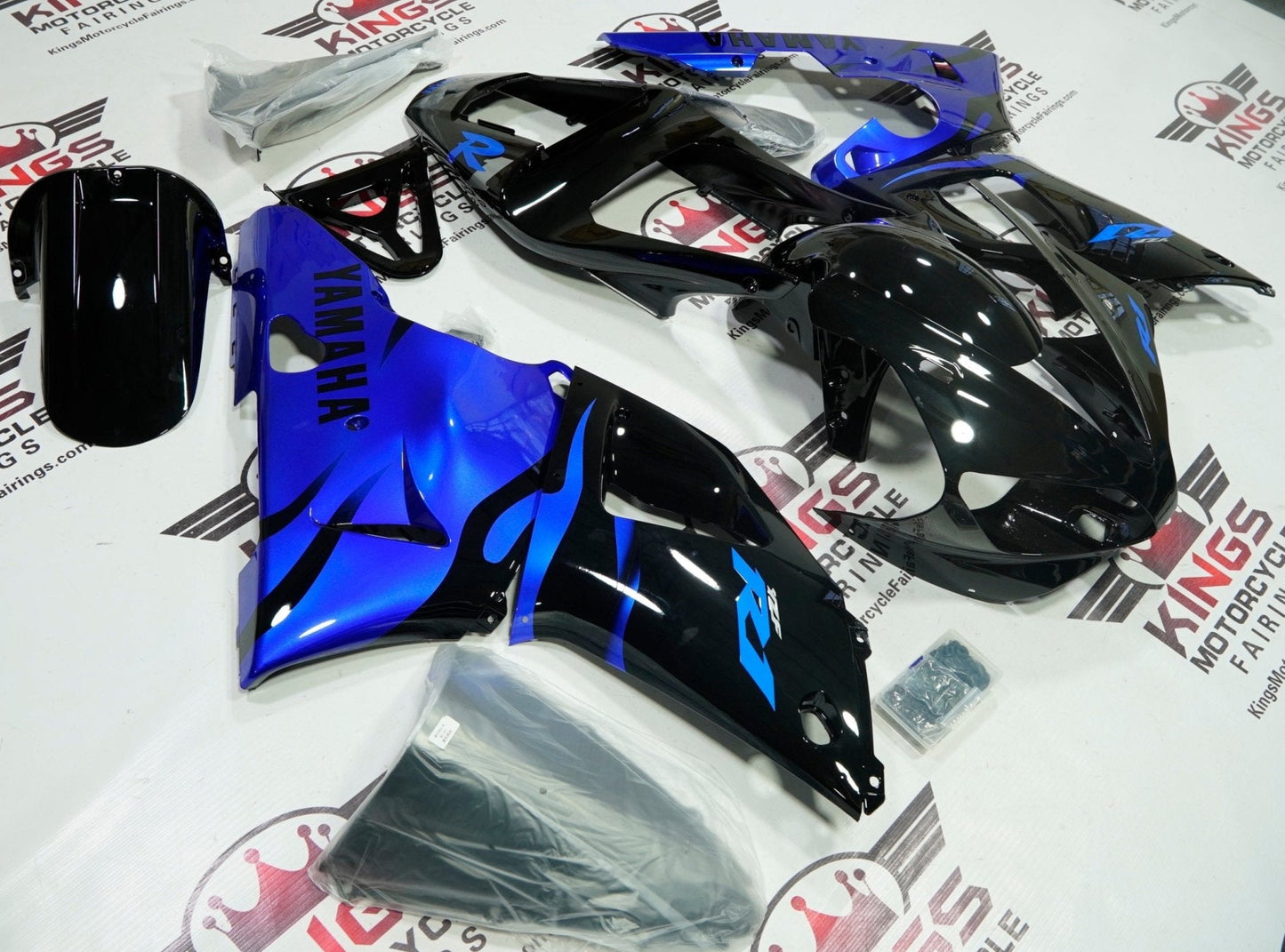 Yamaha YZF-R1 Fairings (2000-2001) Black, Blue Flame at KingsMotorcycleFairings.com