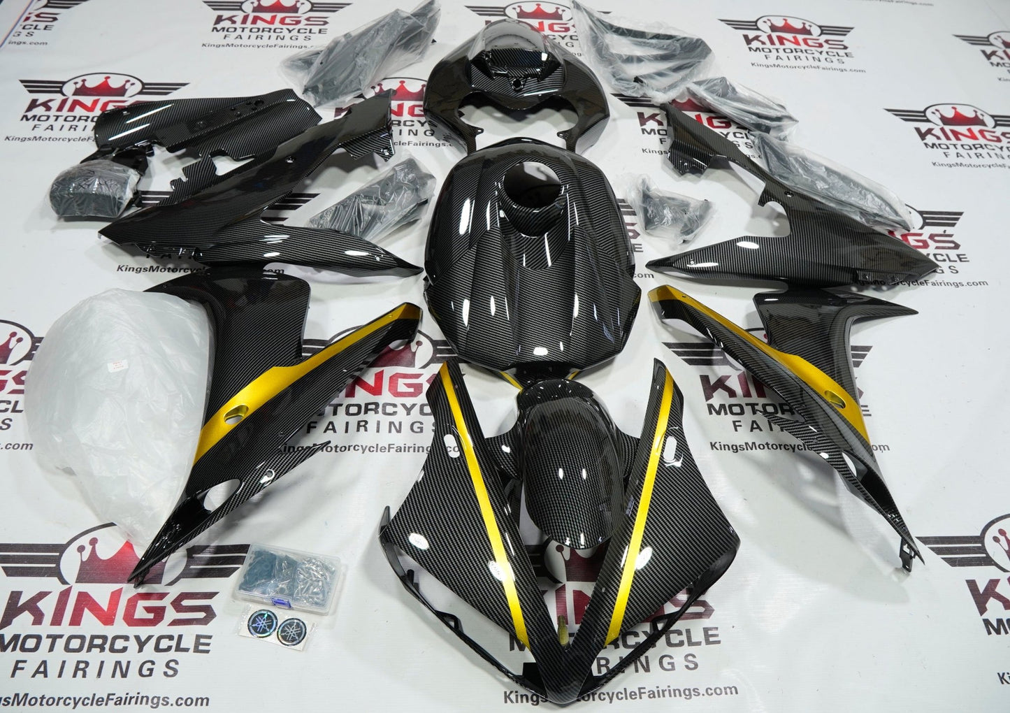 Yamaha YZF-R1 Fairings (2004-2006) Faux Carbon Fiber, Gold at KingsMotorcycleFairings.com