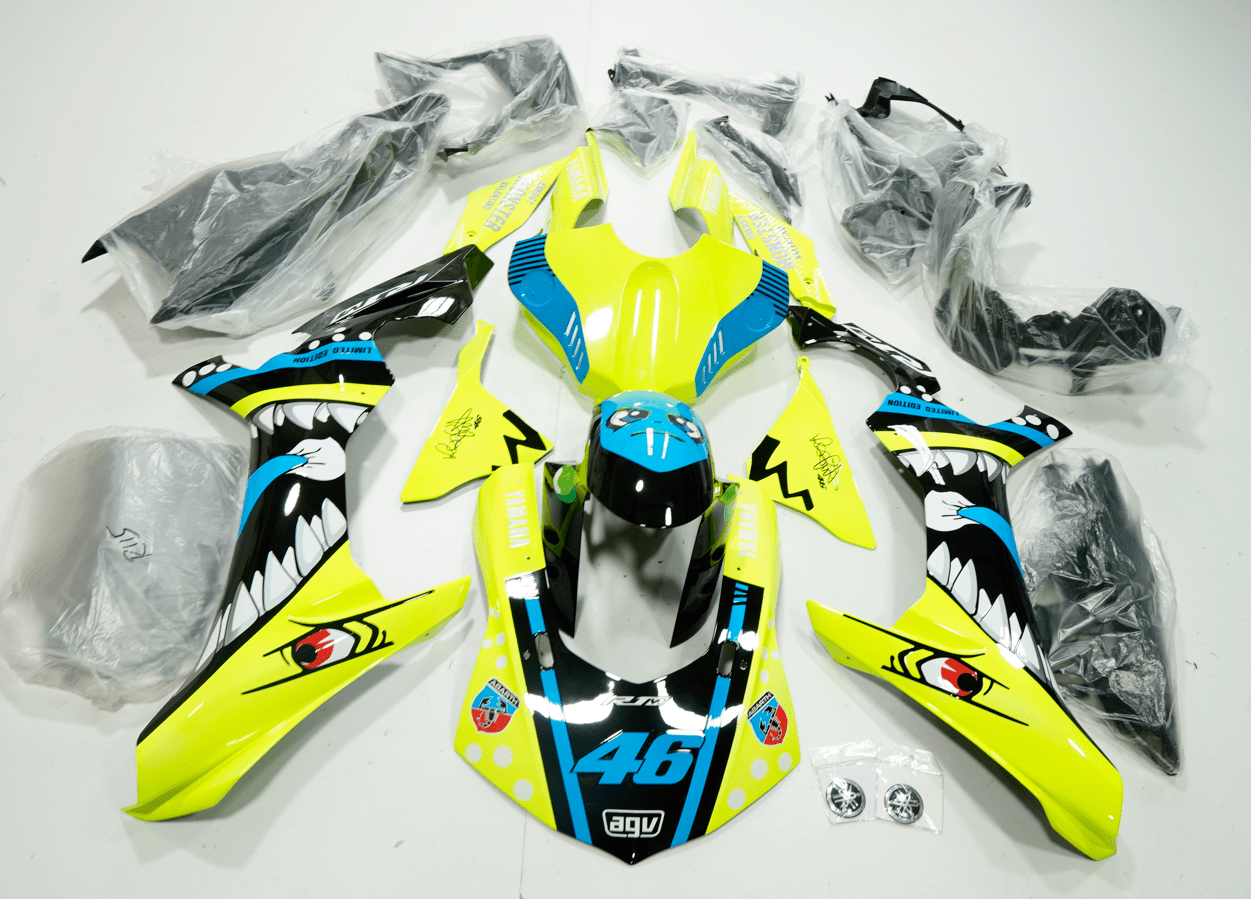 Yamaha YZF-R1 Fairings (2015-2019) Neon Yellow, Blue Shark at KingsMotorcycleFairings.com