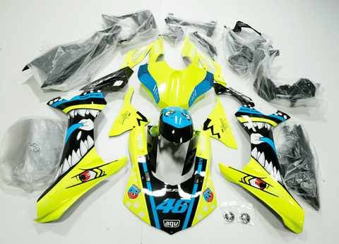 Yamaha YZF-R1 Fairings (2015-2019) Neon Yellow, Blue Shark at KingsMotorcycleFairings.com