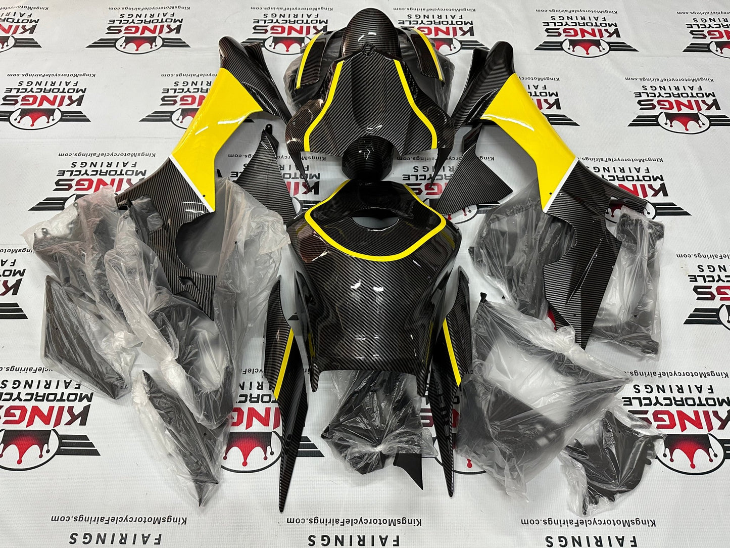 Yamaha YZF-R1 Fairings (2020-2025) Faux Carbon Fiber, Yellow, White from KingsMotorcycleFairings.com