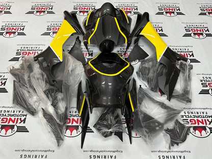 Yamaha YZF-R1 Fairings (2020-2025) Faux Carbon Fiber, Yellow, White from KingsMotorcycleFairings.com