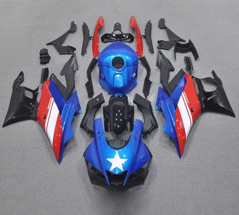 Yamaha YZF-R3 Fairings (2022-2024) Blue, Red, White Star at KingsMotorcycleFairings.com