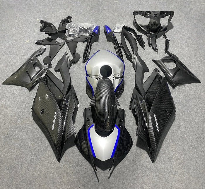 Yamaha YZF-R3 Fairings (2022-2024) Faux Carbon Fiber, Silver, Blue at KingsMotorcycleFairings.com