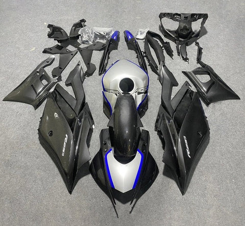 Yamaha YZF-R3 Fairings (2022-2024) Faux Carbon Fiber, Silver, Blue at KingsMotorcycleFairings.com