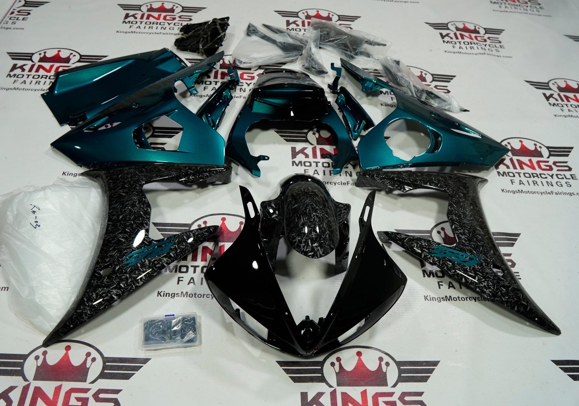 Yamaha YZF-R6 Fairings (2005) Faux Forged Carbon Fiber, Green, Black from KingsMotorcycleFairings.com