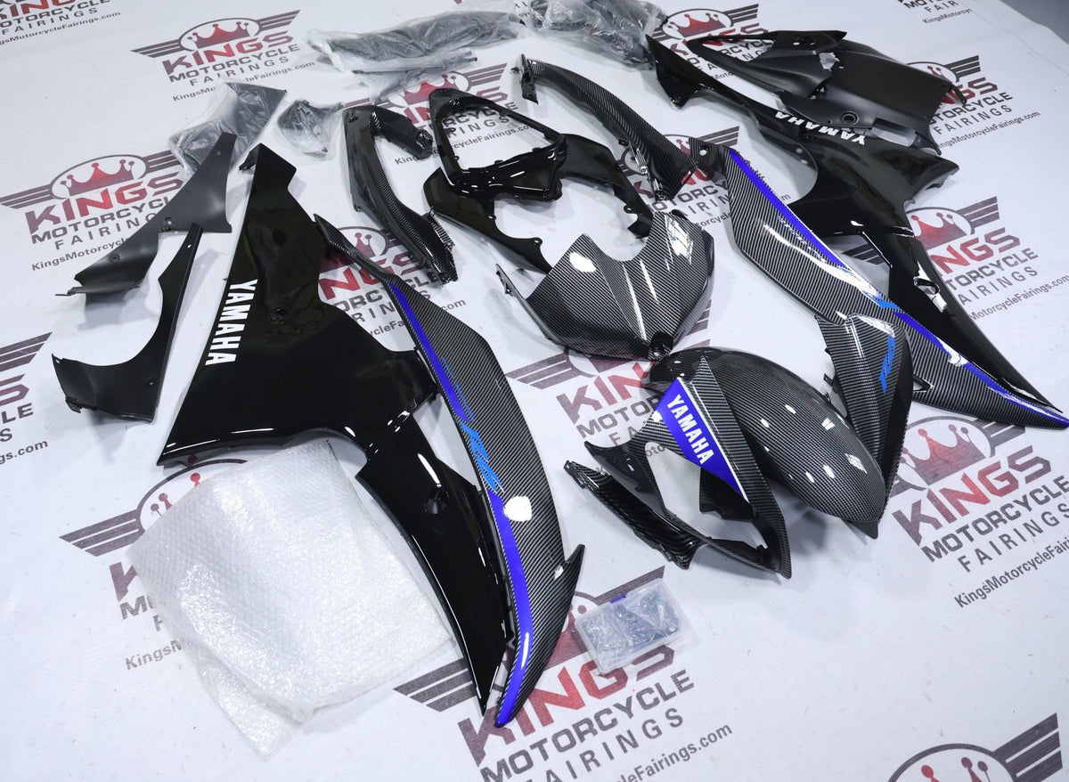 Yamaha YZF-R6 Fairings (2008-2016) Faux Carbon Fiber, Black, Blue Stripe from KingsMotorcycleFairings.com