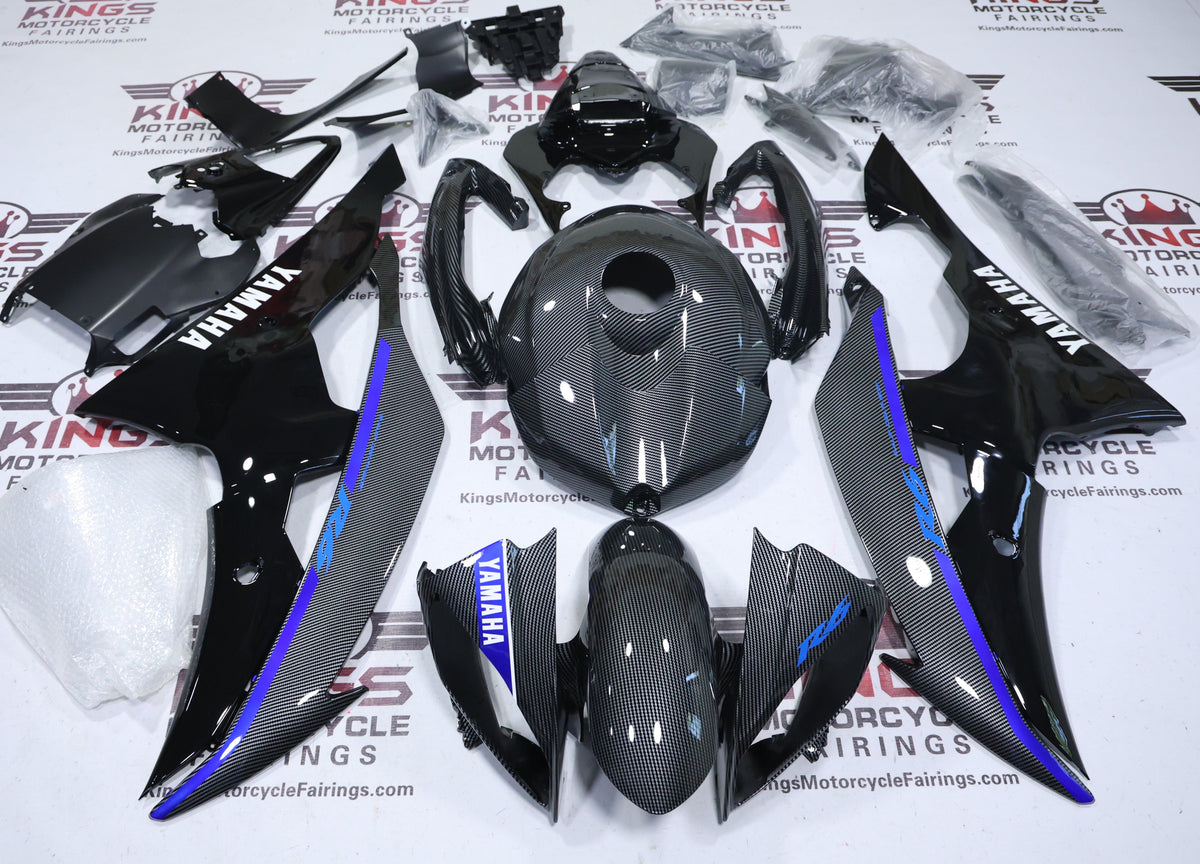 Yamaha YZF-R6 Fairings (2008-2016) Faux Carbon Fiber, Black, White, Blue from KingsMotorcycleFairings.com