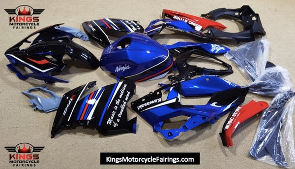 Black, Blue, White and Red Fairing Kit for a 2018, 2019, 2020, 2021, 2022 & 2023 Kawasaki Ninja 400 motorcycle at KingsMotorcycleFairings.com