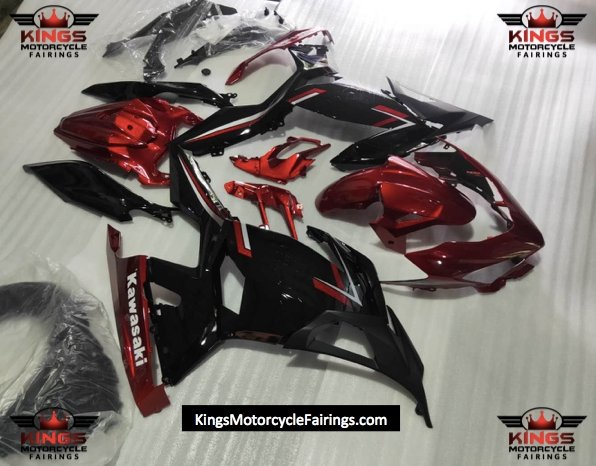 Black and Candy Red Fairing Kit for a 2018, 2019, 2020, 2021, 2022 & 2023 Kawasaki Ninja 400 motorcycle at KingsMotorcycleFairings.com