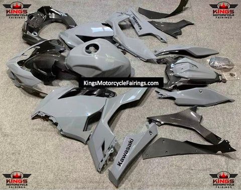 Nardo Gray and Faux Carbon Fiber Fairing Kit for a 2018, 2019, 2020, 2021, 2022 & 2023 Kawasaki Ninja 400 motorcycle at KingsMotorcycleFairings.com