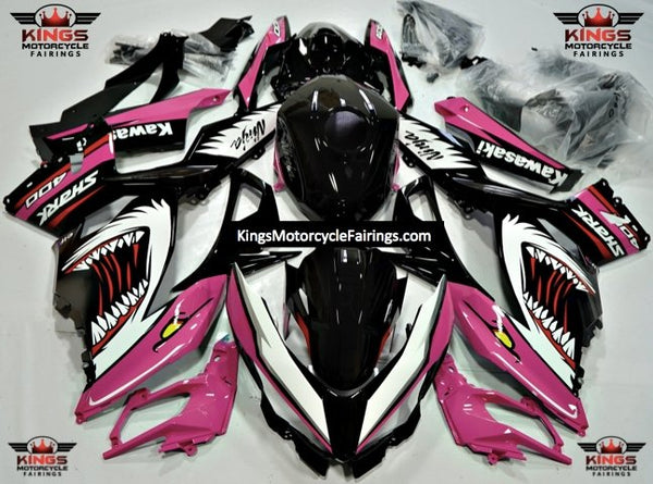 Pink, Black, White and Red Shark Fairing Kit for a 2018, 2019, 2020, 2021, 2022 & 2023 Kawasaki Ninja 400 motorcycle at KingsMotorcycleFairings.com