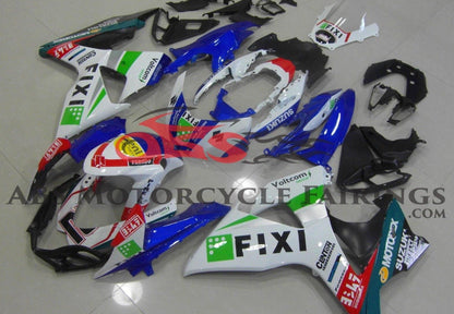 White and Blue Fixi Fairing Kit for a 2009, 2010, 2011, 2012, 2013, 2014, 2015 & 2016 Suzuki GSX-R1000 motorcycle