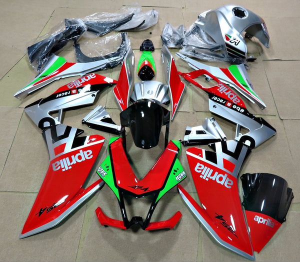 Red, Silver, Black and Green Fairing Kit for a 2012, 2013, 2014, 2015, 2016 and 2017 Aprilia RS4 125 motorcycle.