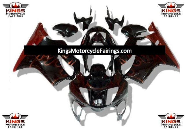 Black and Red Flames Fairing Kit for a 1999 & 2000 Honda CBR600F4 motorcycle