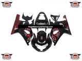 Black and Red Flame Fairing Kit for a 2000, 2001, 2002 & 2003 Suzuki GSX-R750 motorcycle.