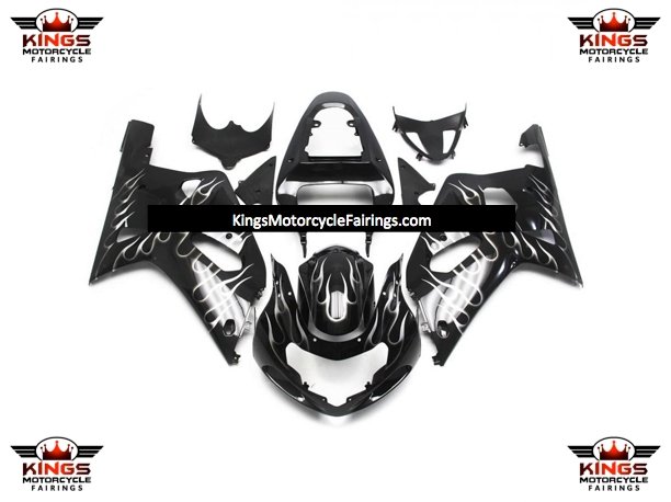 Black and White Flame Fairing Kit for a 2000, 2001, 2002 & 2003 Suzuki GSX-R750 motorcycle
