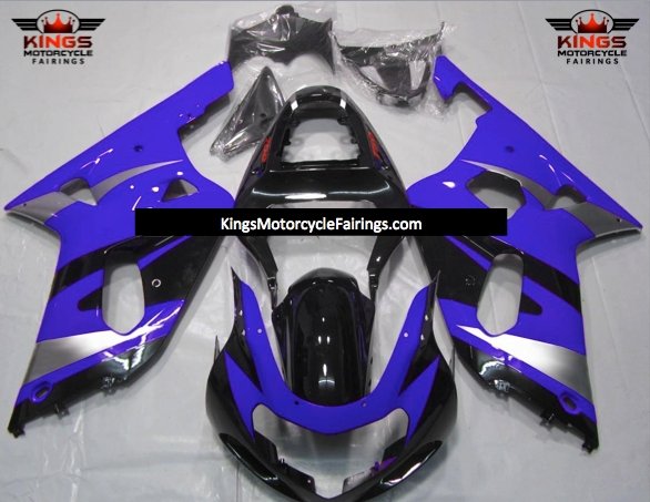 Black, Blue and Silver Fairing Kit for a 2000, 2001, 2002 & 2003 Suzuki GSX-R600 motorcycle