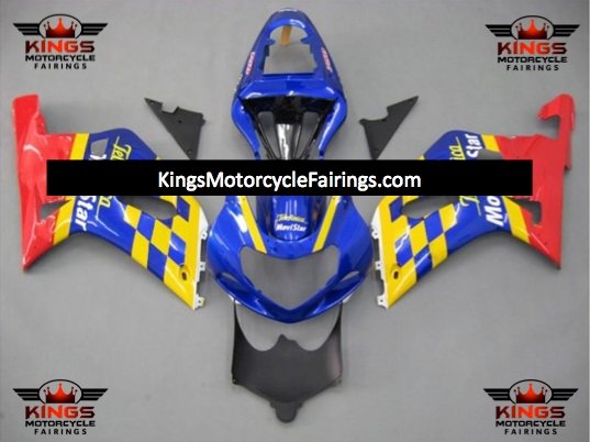 Blue, Yellow and Red Movistar Fairing Kit for a 2000, 2001, 2002 & 2003 Suzuki GSX-R750 motorcycle