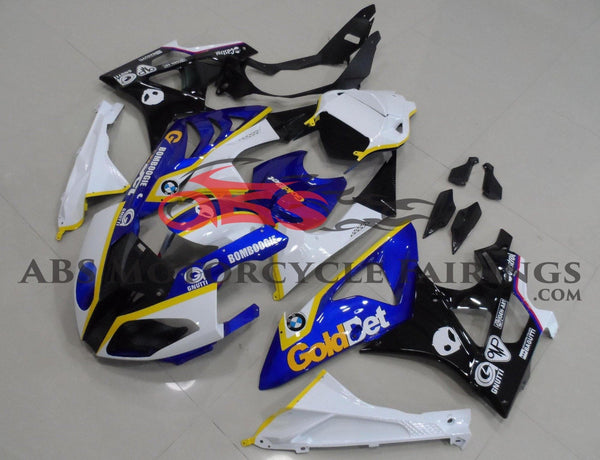 White, Blue, Black and Yellow Fairing Kit for a 2017 and 2018 BMW S1000RR motorcycle