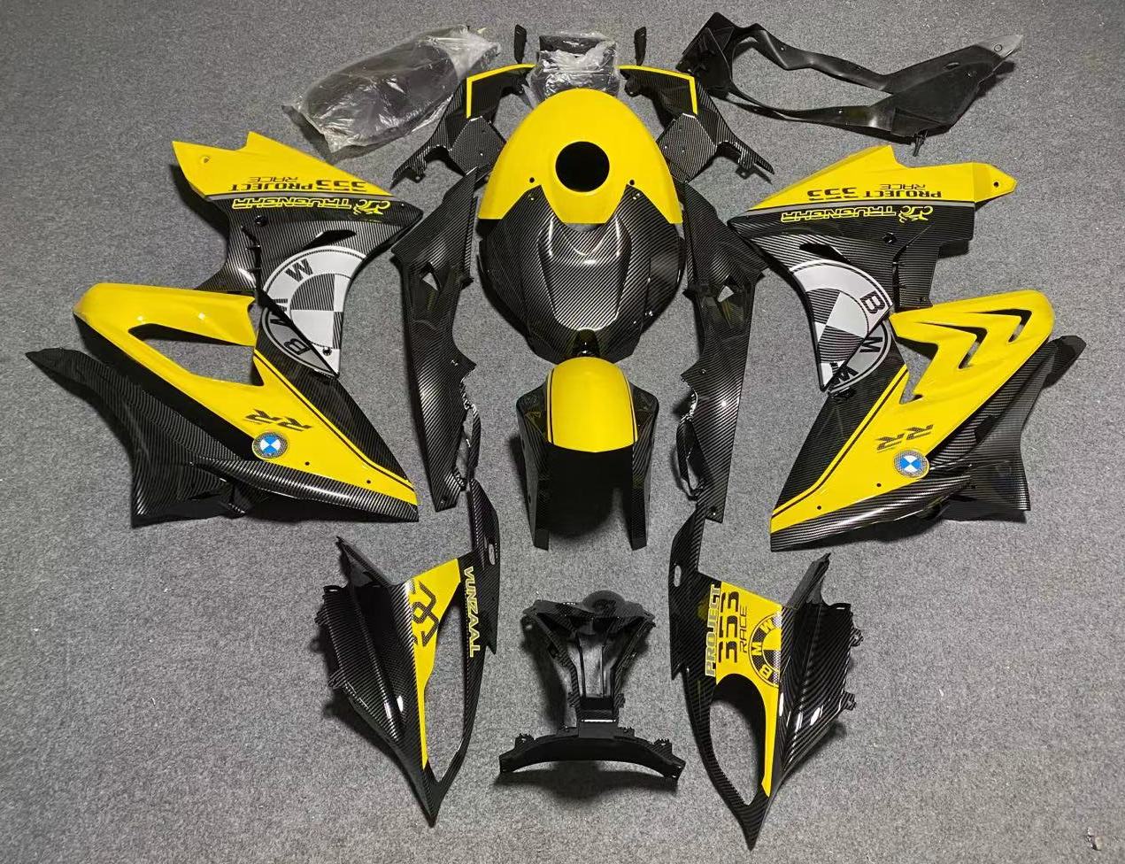Yellow and Faux Carbon Fiber Fairing Kit for a 2019, 2020, 2021, 2022 BMW S1000RR motorcycle from KingsMotorcycleFairings.com