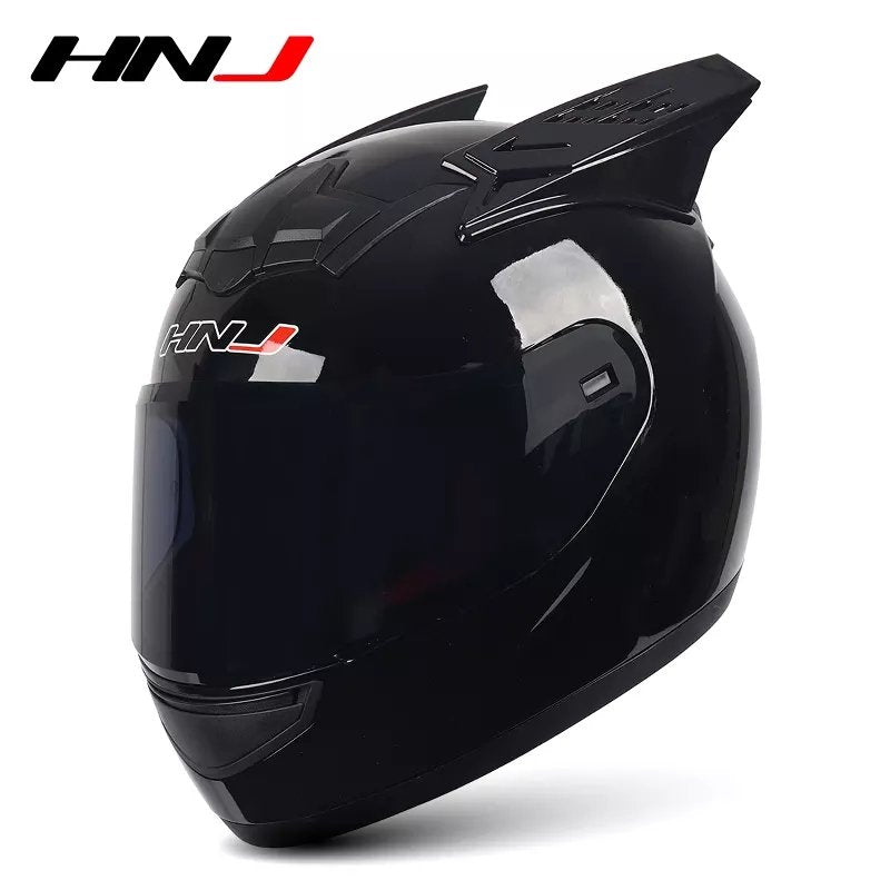 Black Motorcycle Helmet with Horns & Black Visor