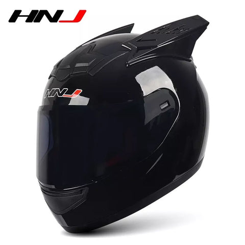 The Black HNJ Full-Face Motorcycle Helmet with Horns is brought to you by Kings Motorcycle Fairings