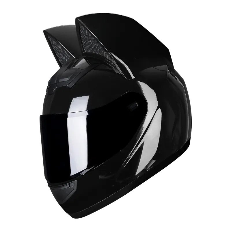big ears motorcycle helmet Black Motorcycle Helmet with Cat Ears & Blue Visor