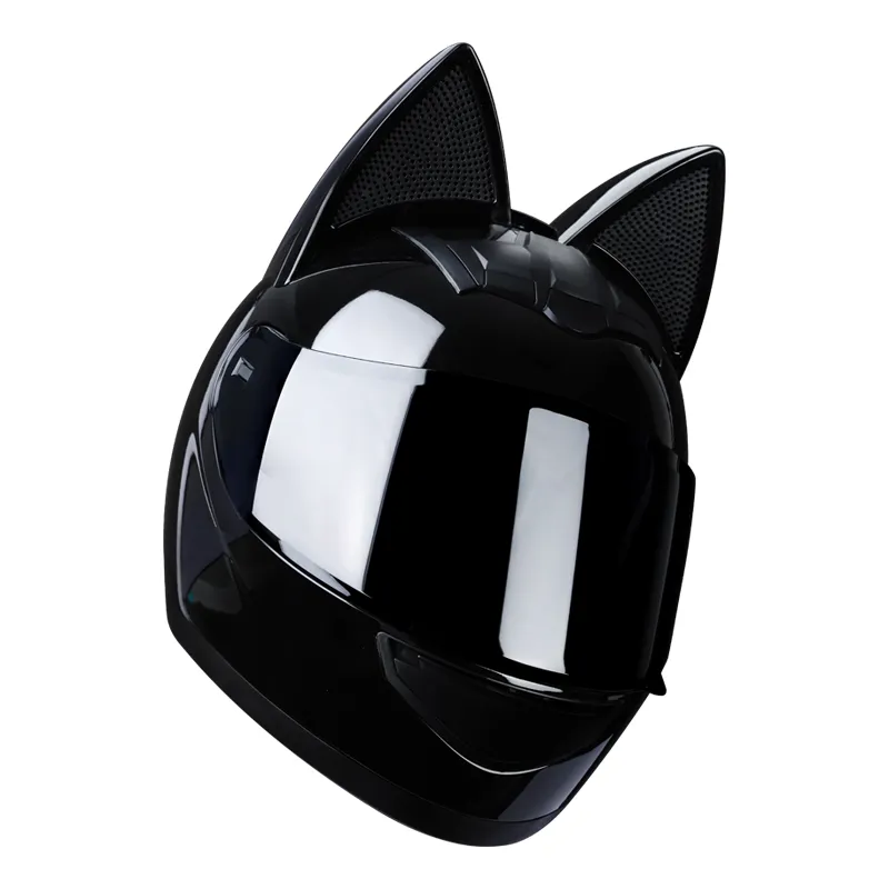 Motorcycle Helmet Black HNJ with Cat Ears & Gold Visor