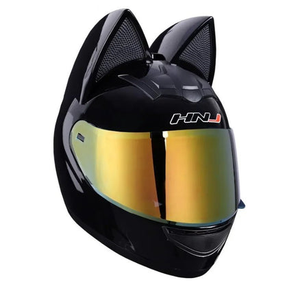 Black HNJ Motorcycle Helmet with Cat Ears & Blue Visor