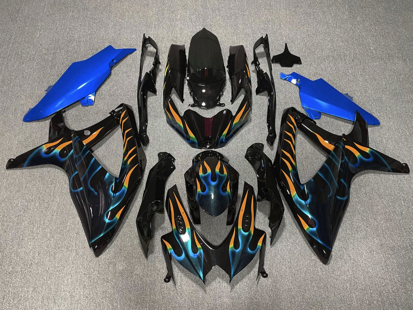 Black, Blue and Orange Flame Fairing Kit for a 2008, 2009 & 2010 Suzuki GSX-R750 motorcycle