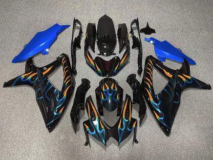 Black, Blue and Orange Flame Fairing Kit for a 2008, 2009 & 2010 Suzuki GSX-R750 motorcycle