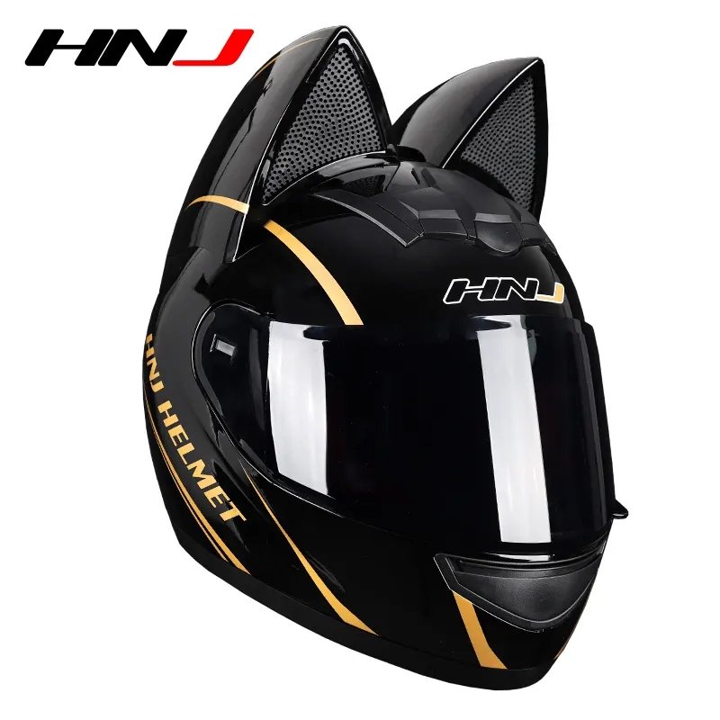 Black Gold HNJ Motorcycle Helmet with Cat Ears Black Visor