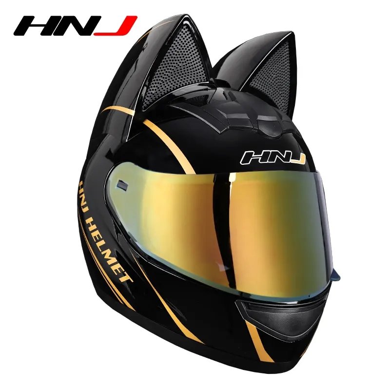 Black Gold HNJ Motorcycle Helmet with Cat Ears Gold Visor