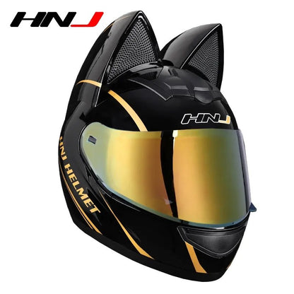 black and gold motorcycle king helmet Black, Gold HNJ Motorcycle Helmet with Cat Ears & Gold Visor