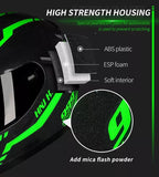 The Black and Green Warrior 999 HNJ Full-Face Motorcycle Helmet is brought to you by Kings Motorcycle Fairings