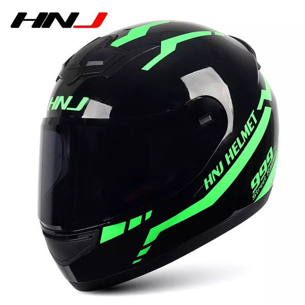The Black and Green Warrior 999 HNJ Full-Face Motorcycle Helmet is brought to you by Kings Motorcycle Fairings