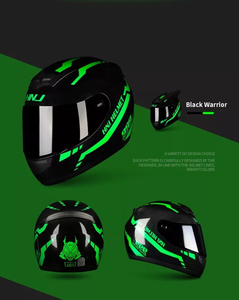 bright green motorcycle helmet Black & Green Warrior 999 HNJ Motorcycle Helmet