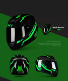 The Black and Green Warrior 999 HNJ Full-Face Motorcycle Helmet is brought to you by Kings Motorcycle Fairings